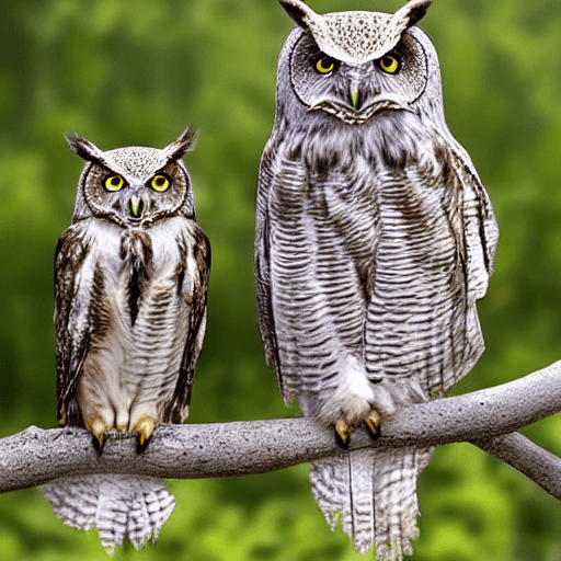 two owls sitting perched on a branch together