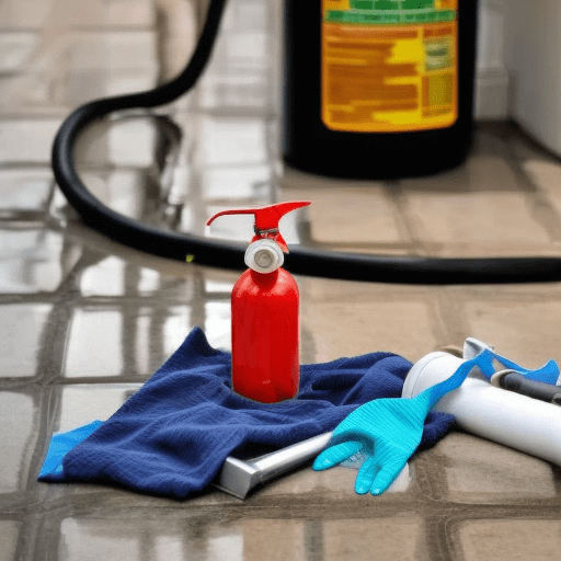 Precautions to take when cleaning up a discharge of fire extinguisher residue